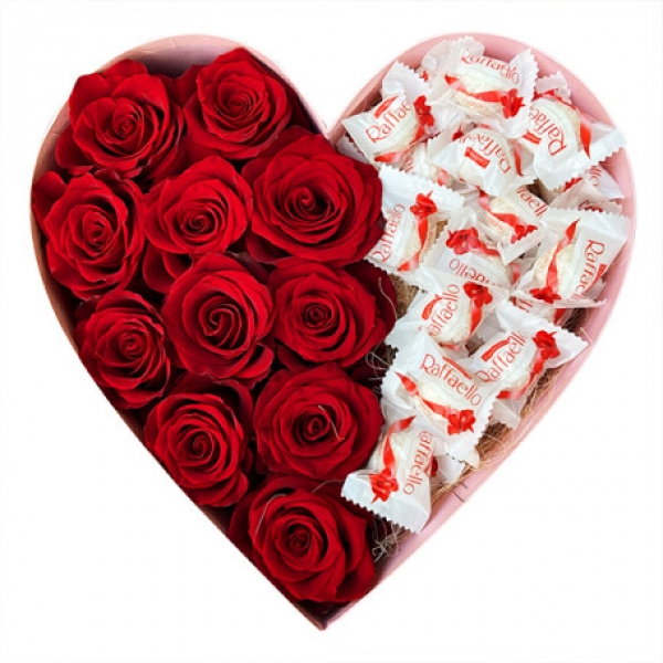  Antalya Çiçek - Kalp Kutuda Gül Ve Rafello Çikolata