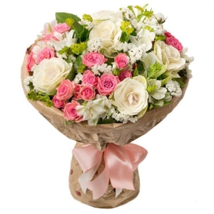  Antalya Çiçek - Beyaz Gül Ve Pembe Mini Gül Buketi 